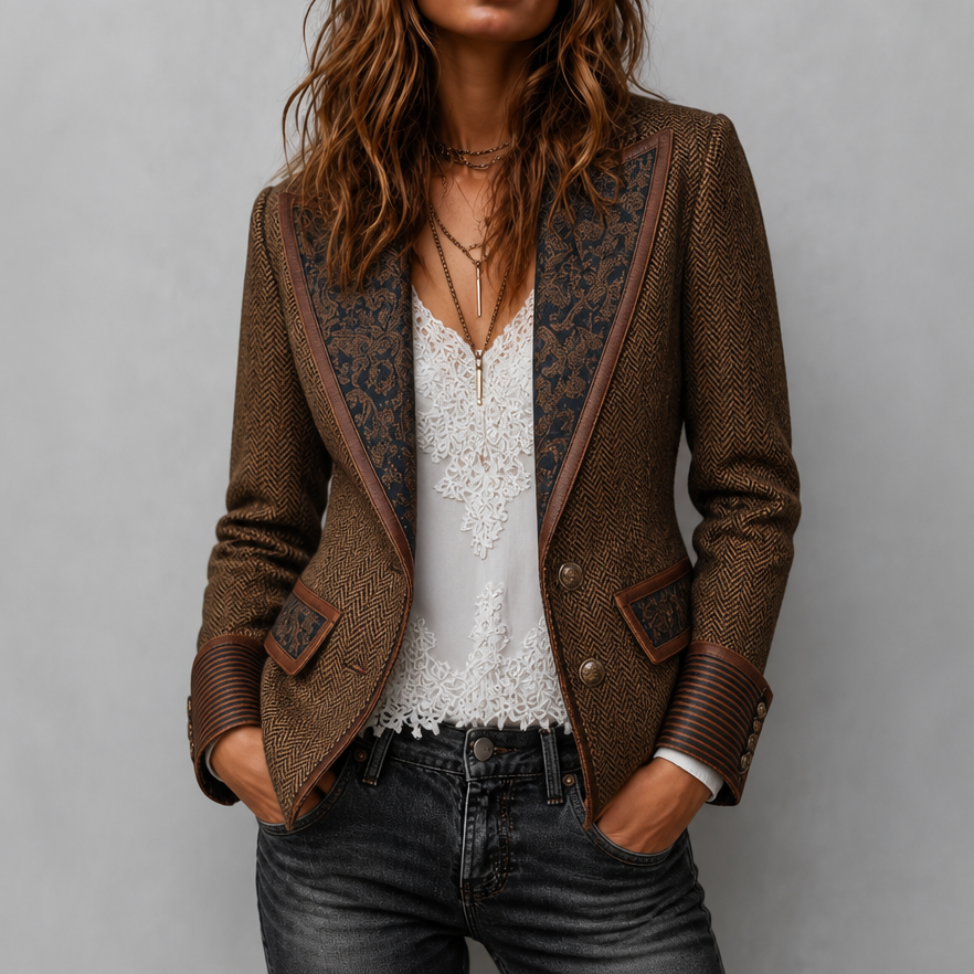 Contrast-Trim Herringbone Structured Blazer