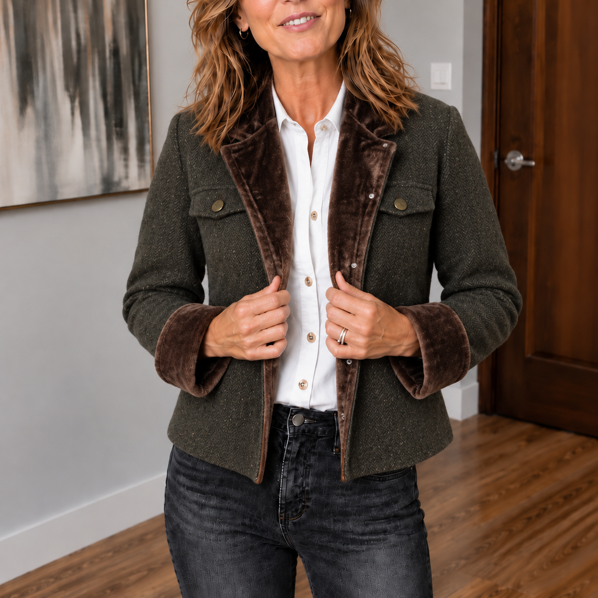 Contrast-Trim Herringbone Structured Blazer
