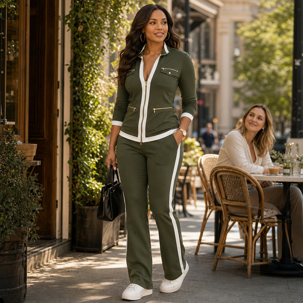 Olive green knit tracksuit set with white contrast trim, zip-front jacket, flared pants