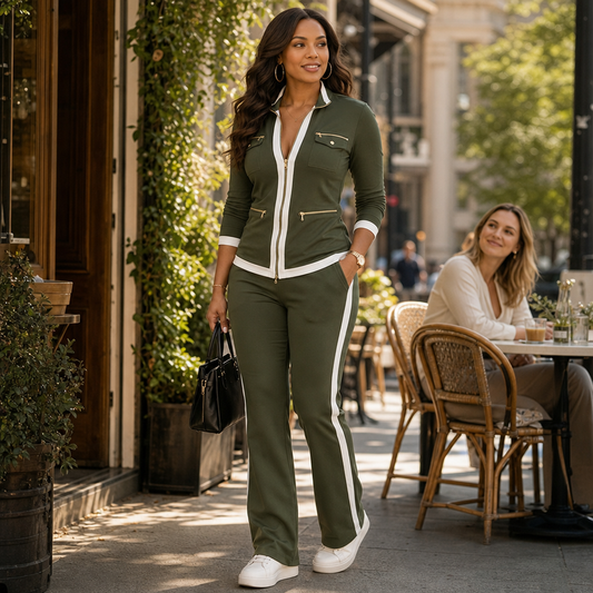 Olive green knit tracksuit set with white contrast trim, zip-front jacket, flared pants
