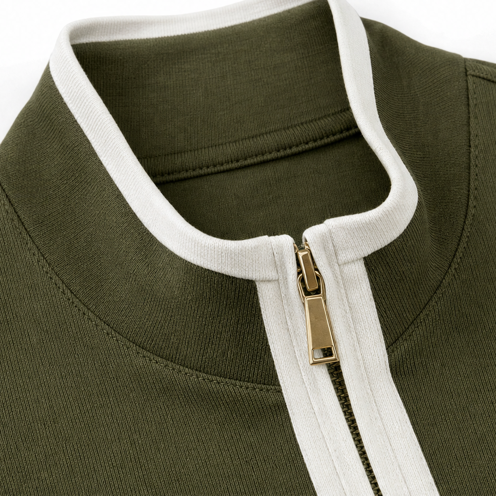 Olive green knit jacket collar with white trim and gold-tone zipper