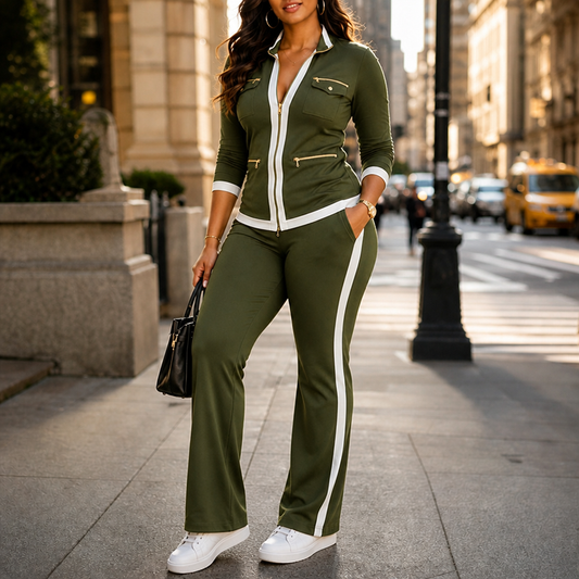 Green knit jacket and flared pants set with white contrast trim and zip pockets