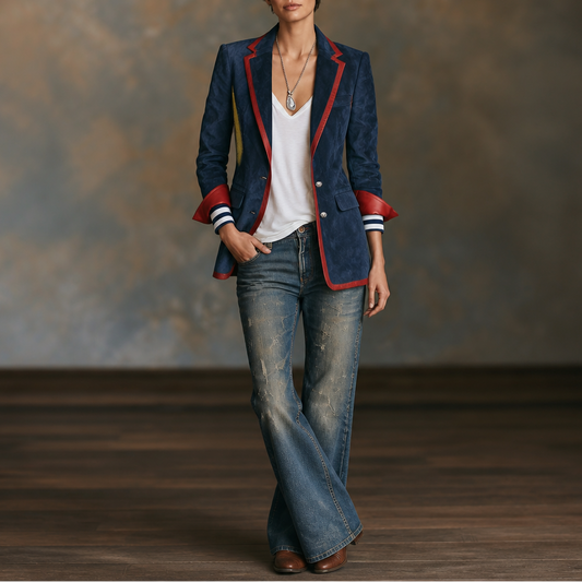 Navy velvet blazer with red contrast trim, worn with jeans and necklace