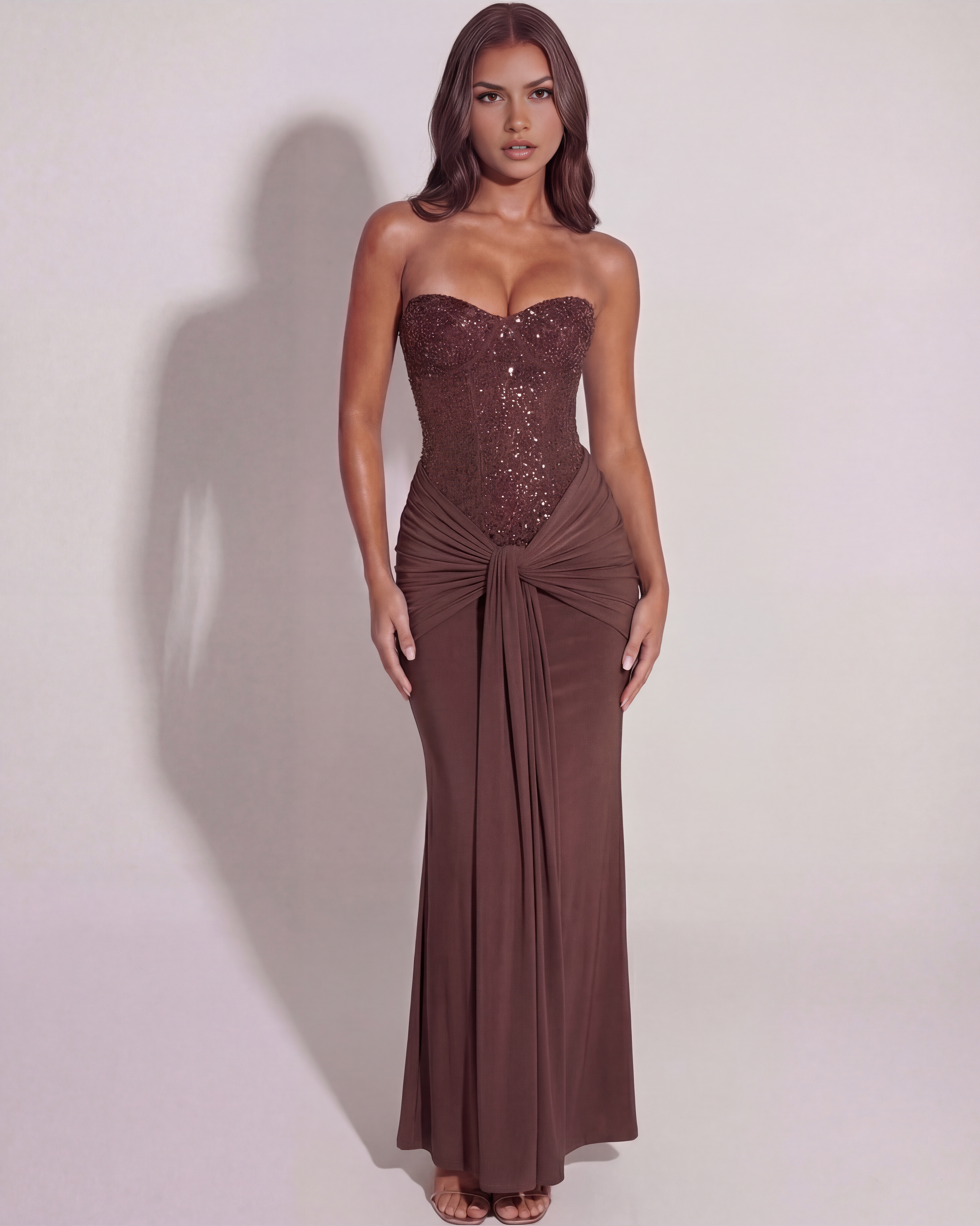 Chocolate corset maxi dress with embellished sweetheart bodice and draped waist detail