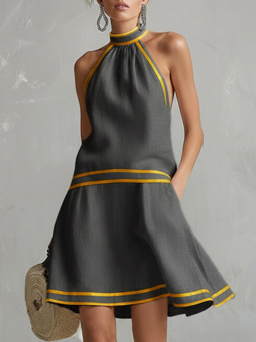 Dark grey halter mini dress with yellow contrast stripes, cotton-linen blend
