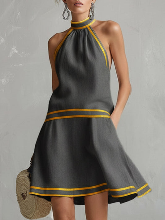 Dark grey halter mini dress with yellow contrast stripes, cotton-linen blend