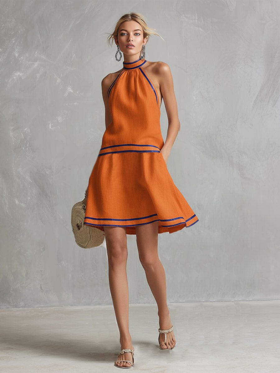 Orange halter mini dress with blue contrast stripes, cotton-linen blend