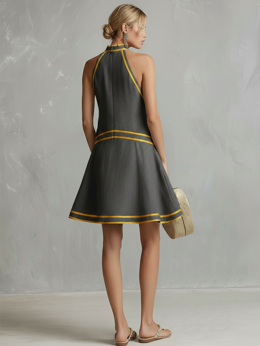 Back view: dark grey halter mini dress with yellow contrast stripes, cotton-linen blend