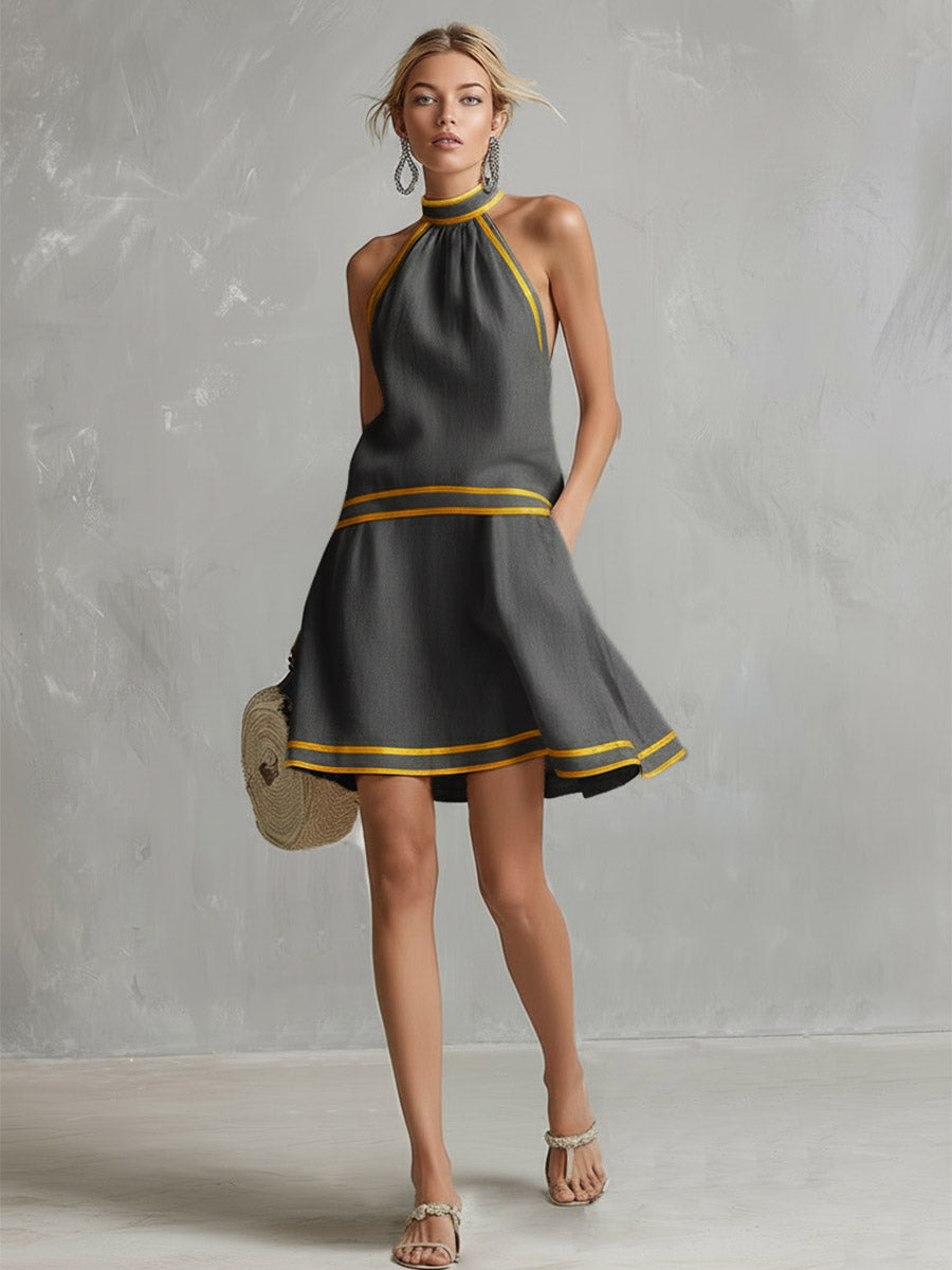 Dark grey halter mini dress with yellow contrast stripes, cotton-linen blend