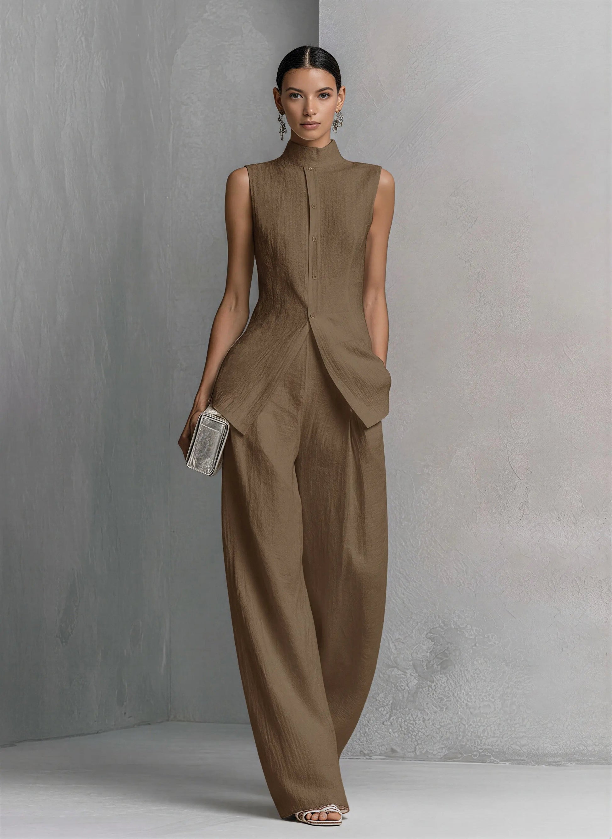 Khaki cotton-linen wide-leg pants set with sleeveless top and shell-button front