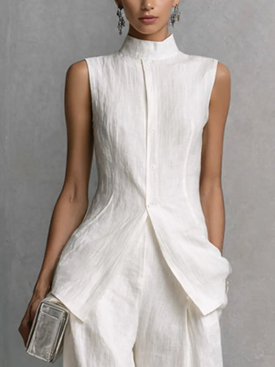 White cotton-linen sleeveless top with shell-button front and draped side detail