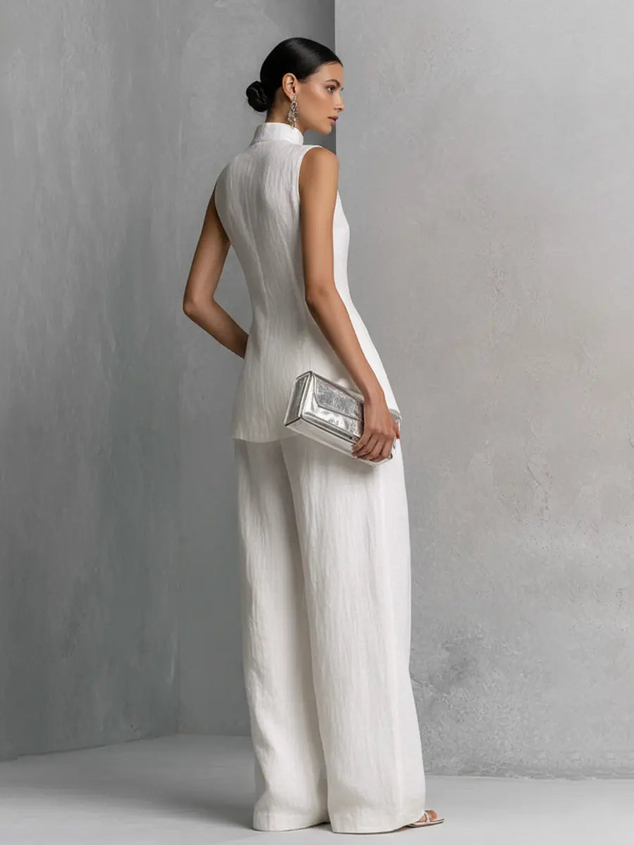 White cotton-linen wide-leg pants set from back view with sleeveless top and seam detail