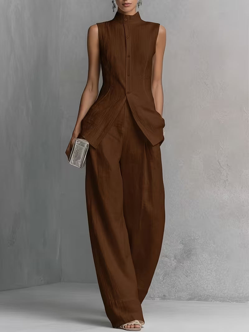 Brown cotton-linen wide-leg pants set with sleeveless high-neck top and shell buttons