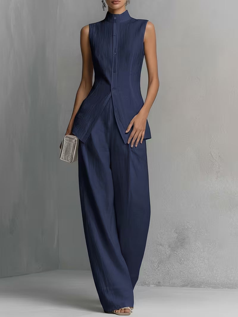 Dark blue cotton-linen wide-leg pants set with sleeveless top and shell-button front