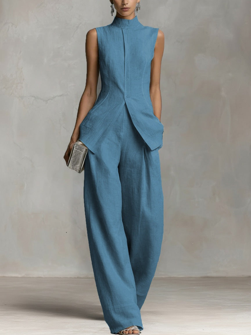 Lake blue cotton-linen wide-leg pants set with sleeveless high-neck top and shell buttons