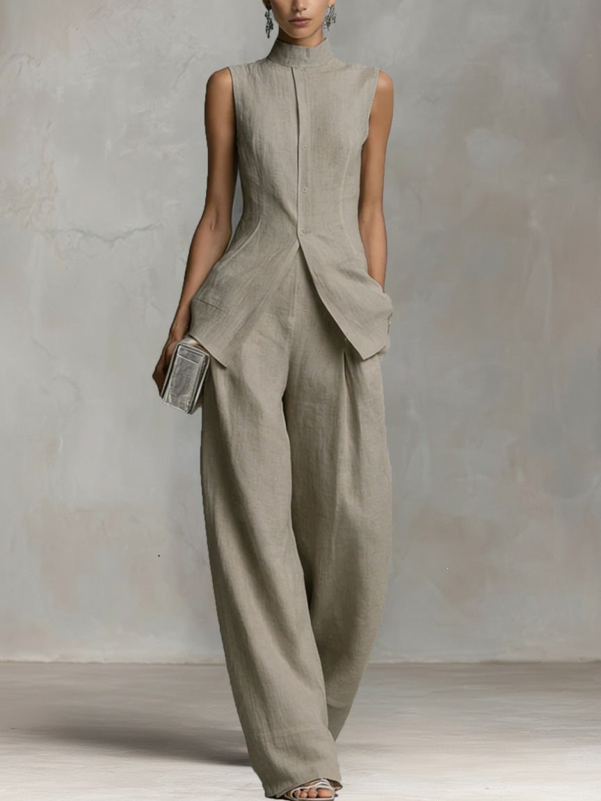 Khaki cotton-linen wide-leg pants set with sleeveless high-neck top and shell buttons
