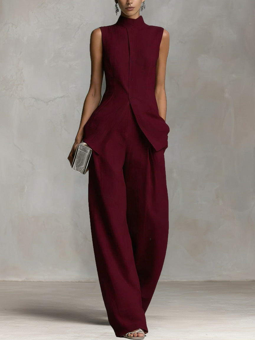 Burgundy cotton-linen wide-leg pants set with sleeveless high-neck top and shell buttons