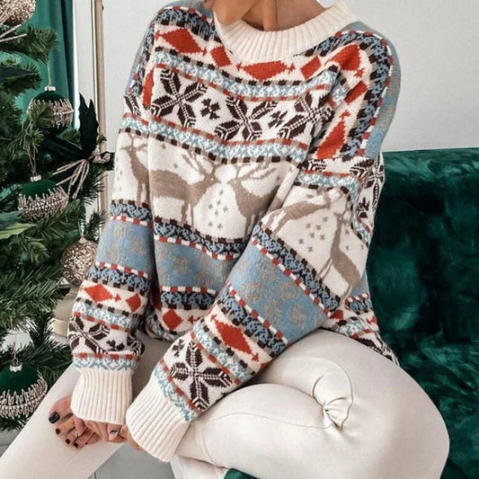 Fair Isle sweater in beige with deer Fair Isle pattern, multicolor stripes, ribbed cuffs
