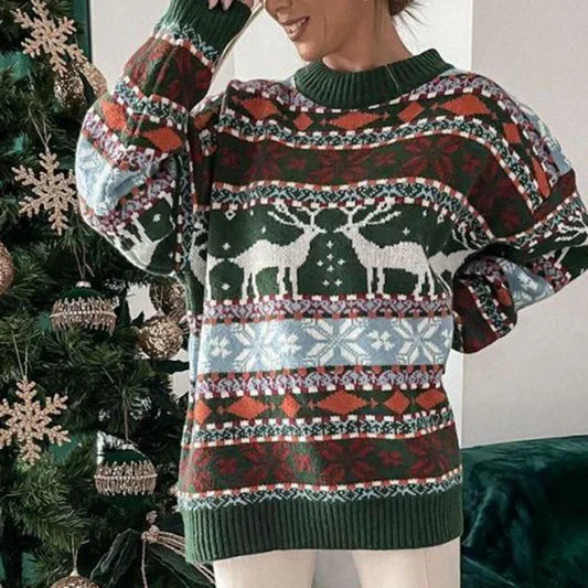 Fair Isle knit sweater in dark green with deer motifs, festive striped pattern, long sleeves