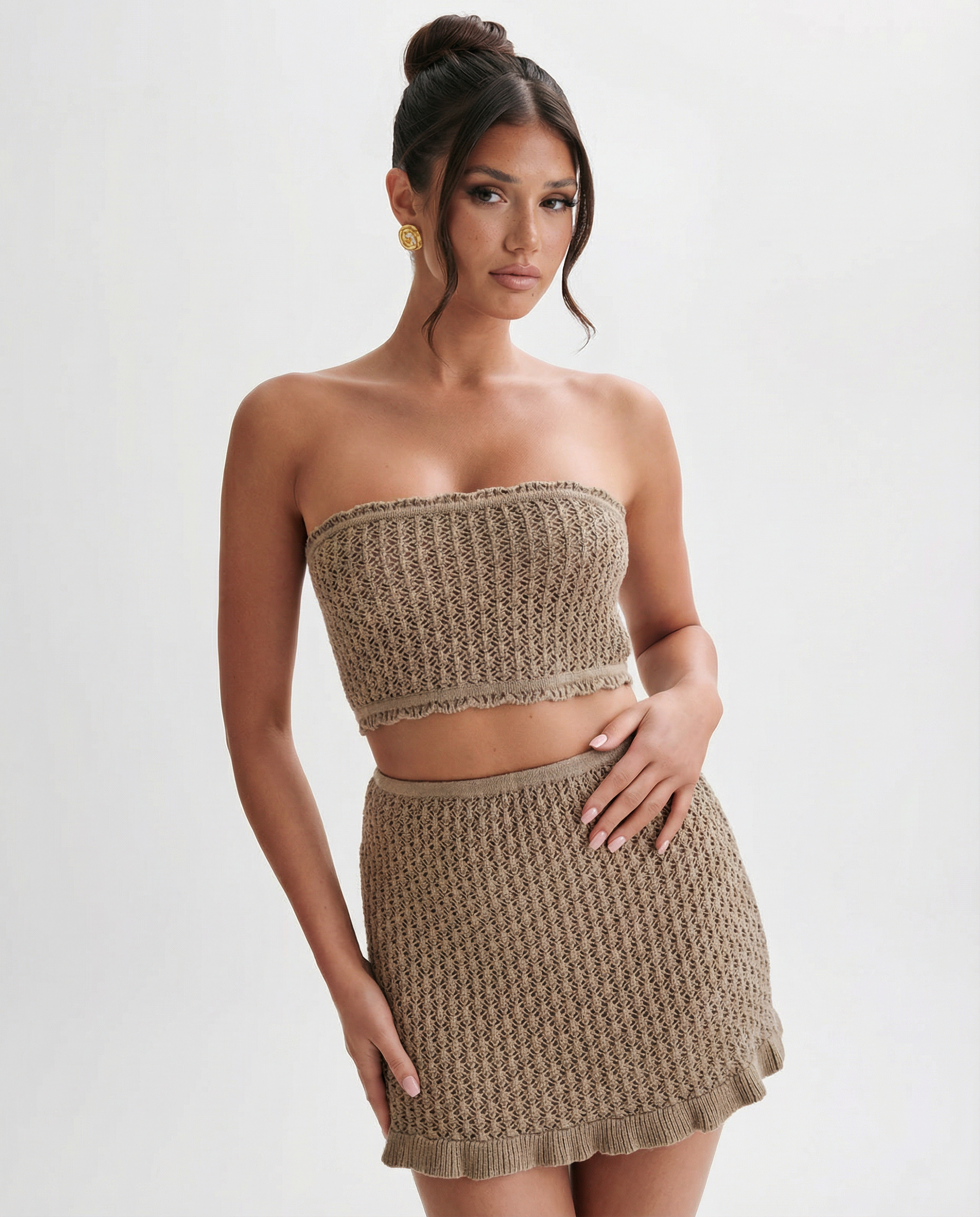 Khaki crochet strapless bandeau top and matching ruffled mini skirt set