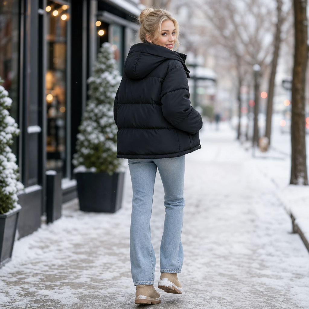 Cropped hooded puffer jacket in black with stand-up hood and zip front.