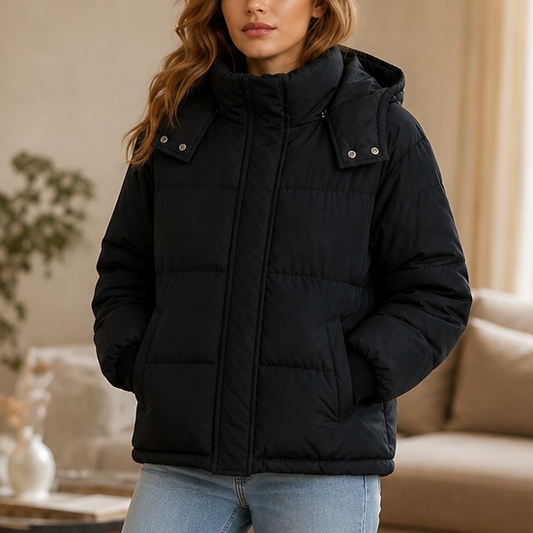 Black cropped hooded puffer jacket with center zip and snap-strap shoulders.