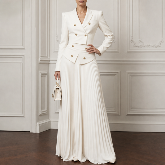 White tailored blazer set with double-breasted gold buttons and pleated midi skirt