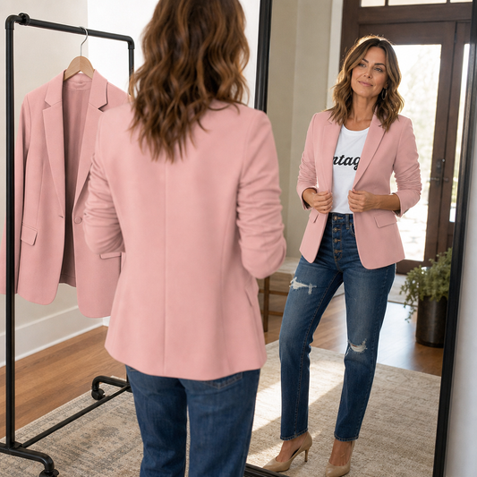 Pink cropped tailored blazer, back view with long sleeves and straight hem