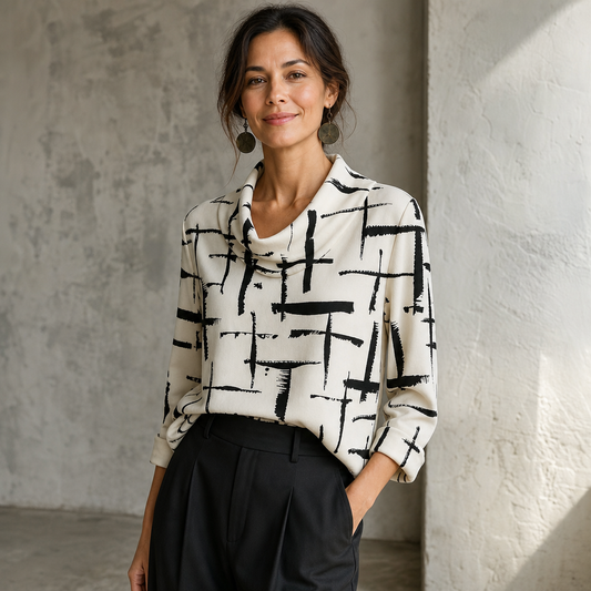 Cream white cowl-neck blouse with black abstract grid print and 3/4 sleeves, front view
