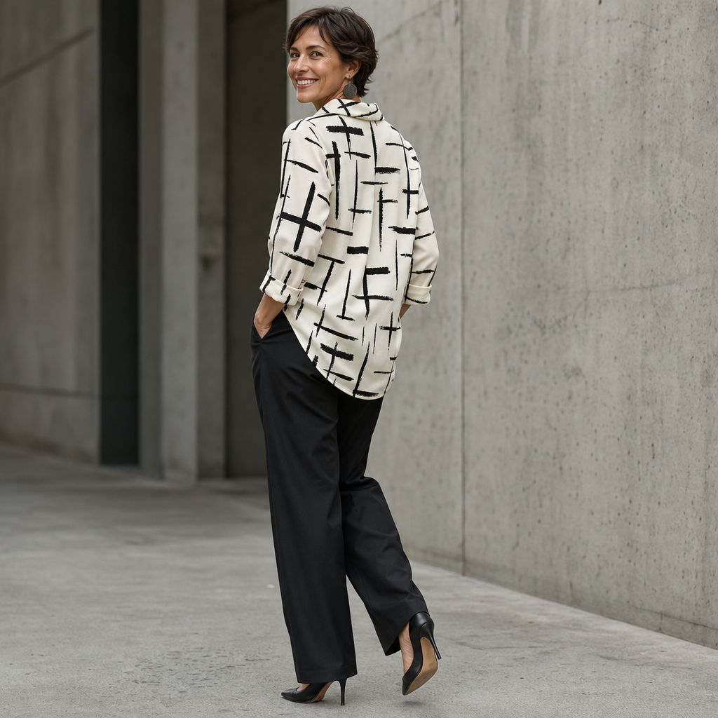 Cream white cowl-neck blouse with black abstract print and 3/4 sleeves, side view