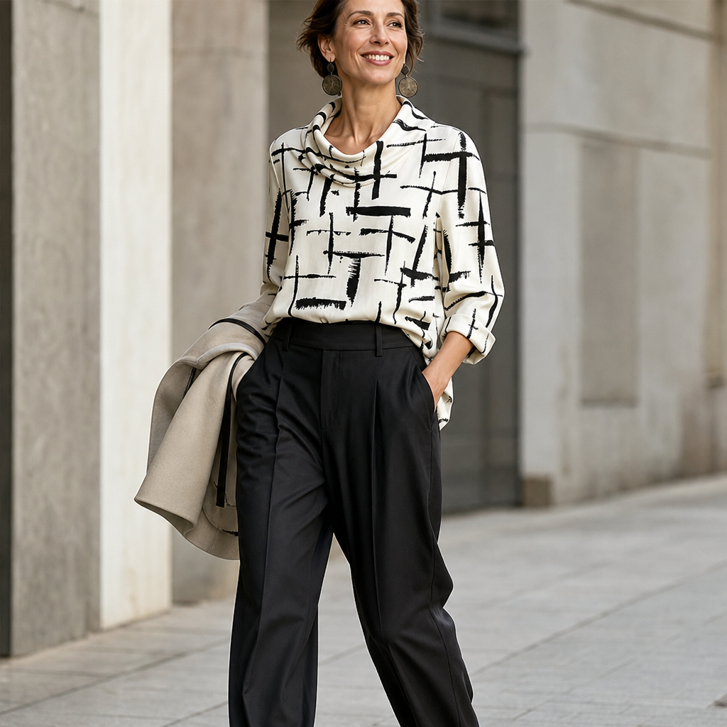 Cream white cowl-neck blouse with black abstract grid print and 3/4 sleeves, three-quarter view