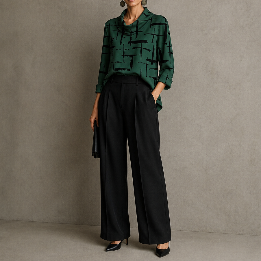Dark green cowl-neck 3/4-sleeve blouse with black cross-print
