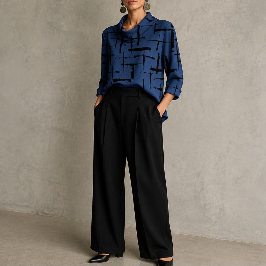 Slate blue cowl-neck 3/4-sleeve blouse with dark cross-print