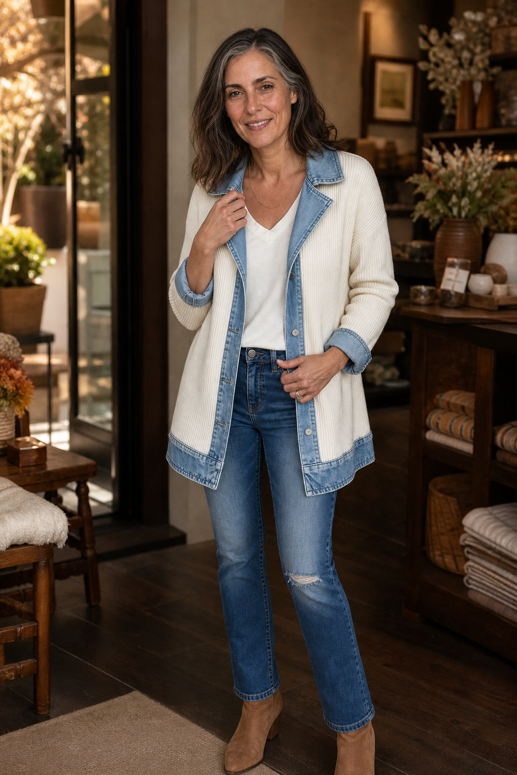 Denim-Look Spliced Ribbed Knit Coat