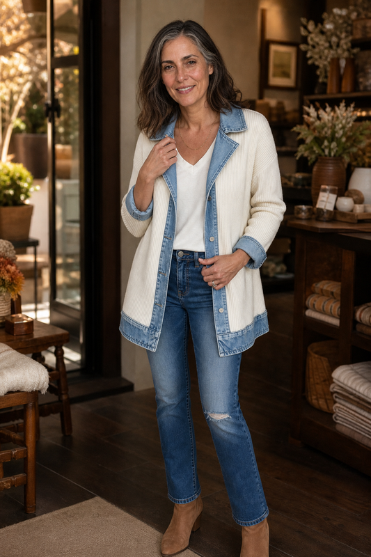 Cream ribbed knit coat with denim-look collar, front buttons, and patch pockets