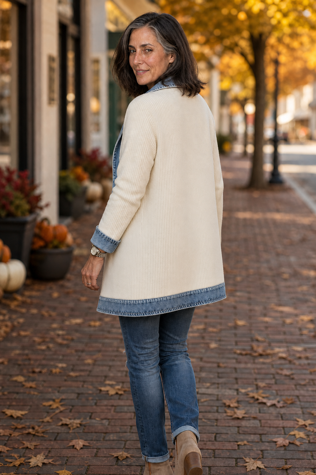 Denim-Look Spliced Ribbed Knit Coat