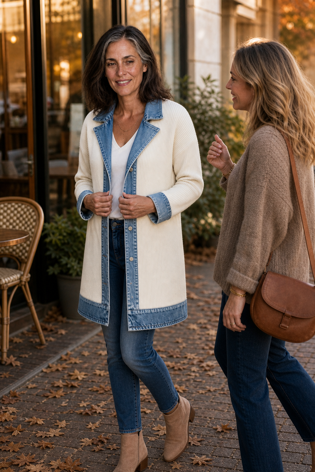 Denim-Look Spliced Ribbed Knit Coat
