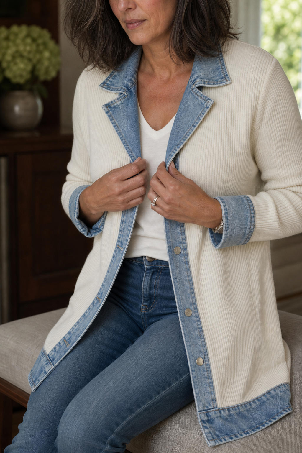 Denim-Look Spliced Ribbed Knit Coat