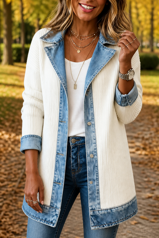 Cream ribbed knit coat with denim-look panels, button front, and patch pockets