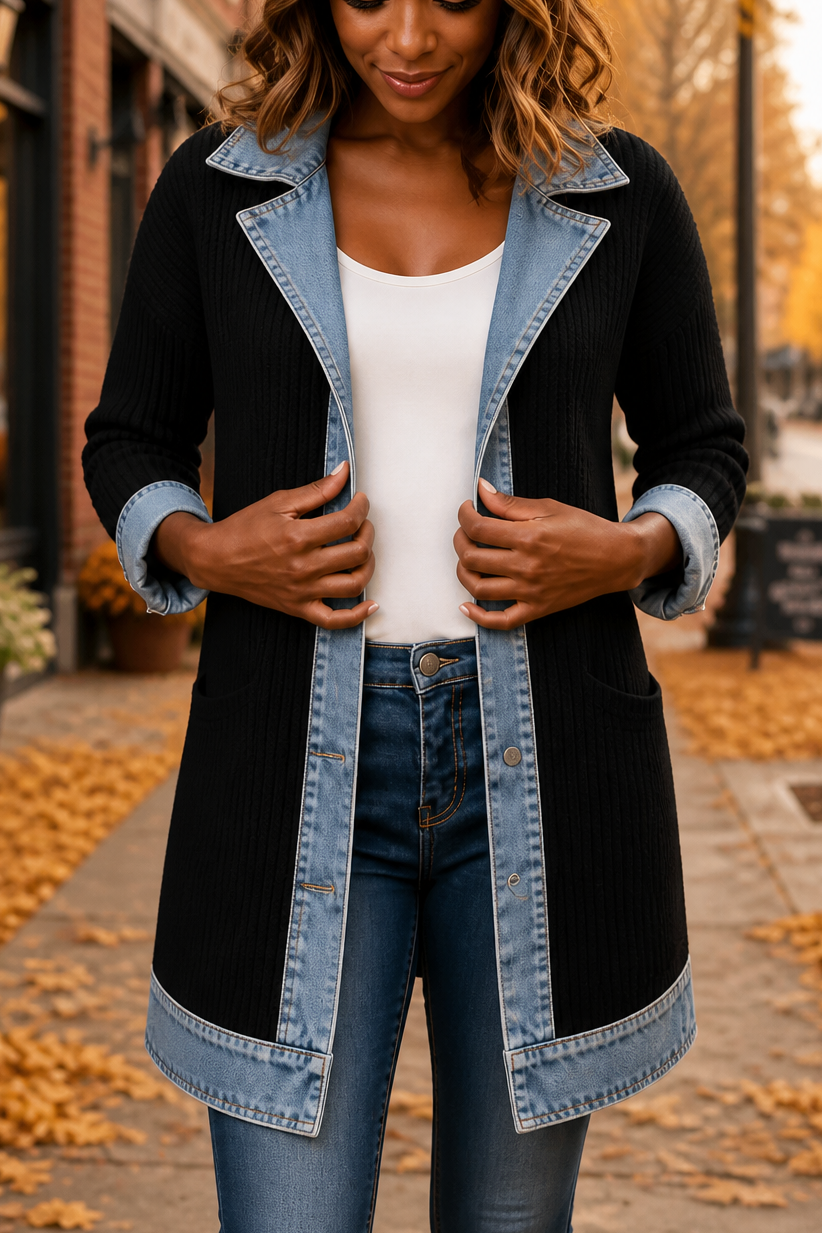 Denim-Look Spliced Ribbed Knit Coat