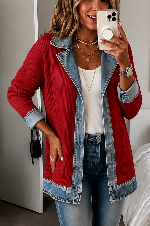 Denim-Look Spliced Ribbed Knit Coat