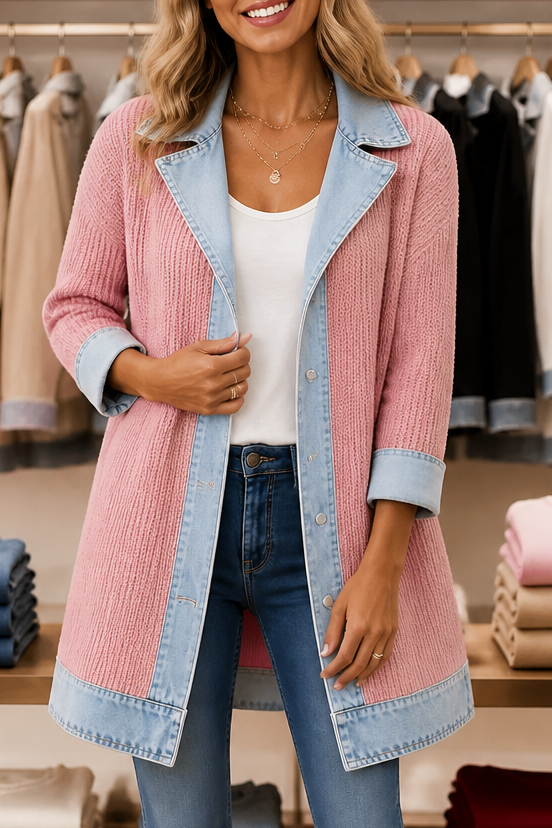 Denim-Look Spliced Ribbed Knit Coat