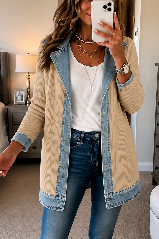 Denim-Look Spliced Ribbed Knit Coat