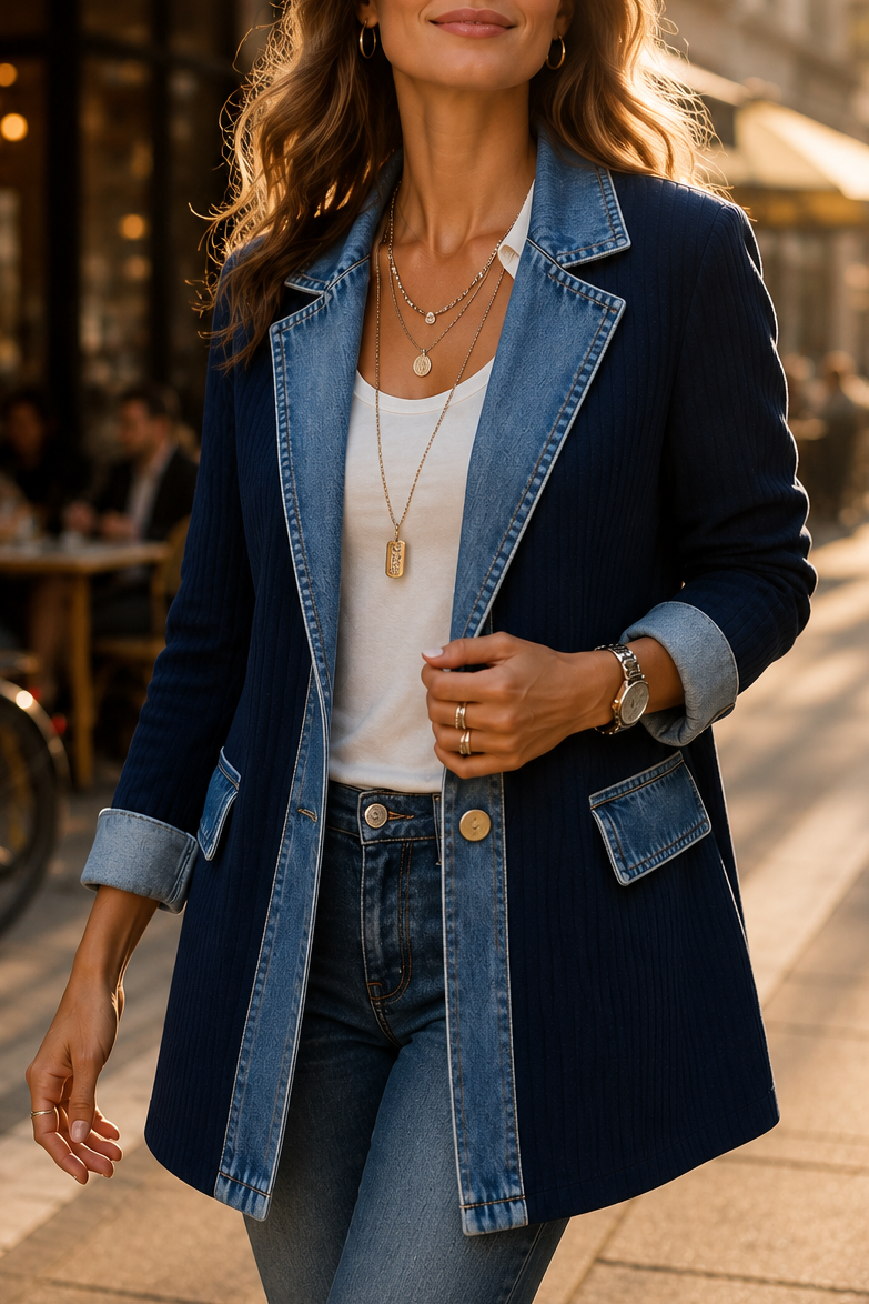 Denim-Look Spliced Ribbed Knit Coat