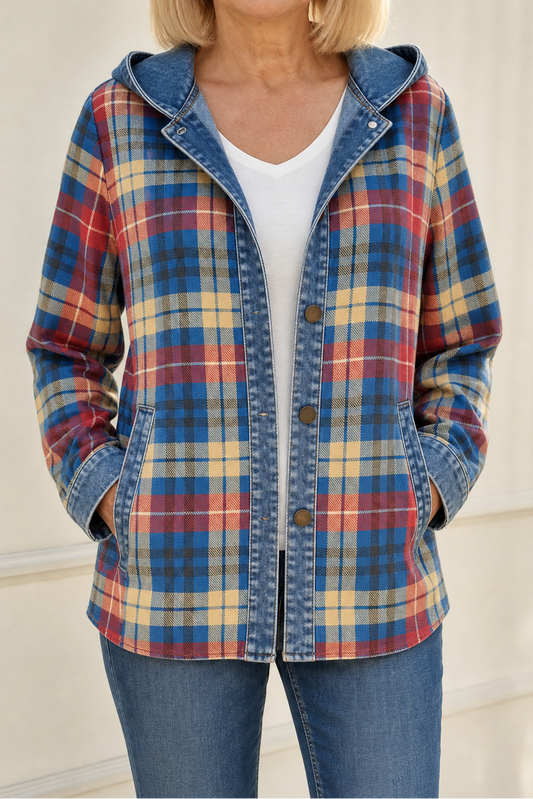 Denim-Trim Hooded Knit Cardigan