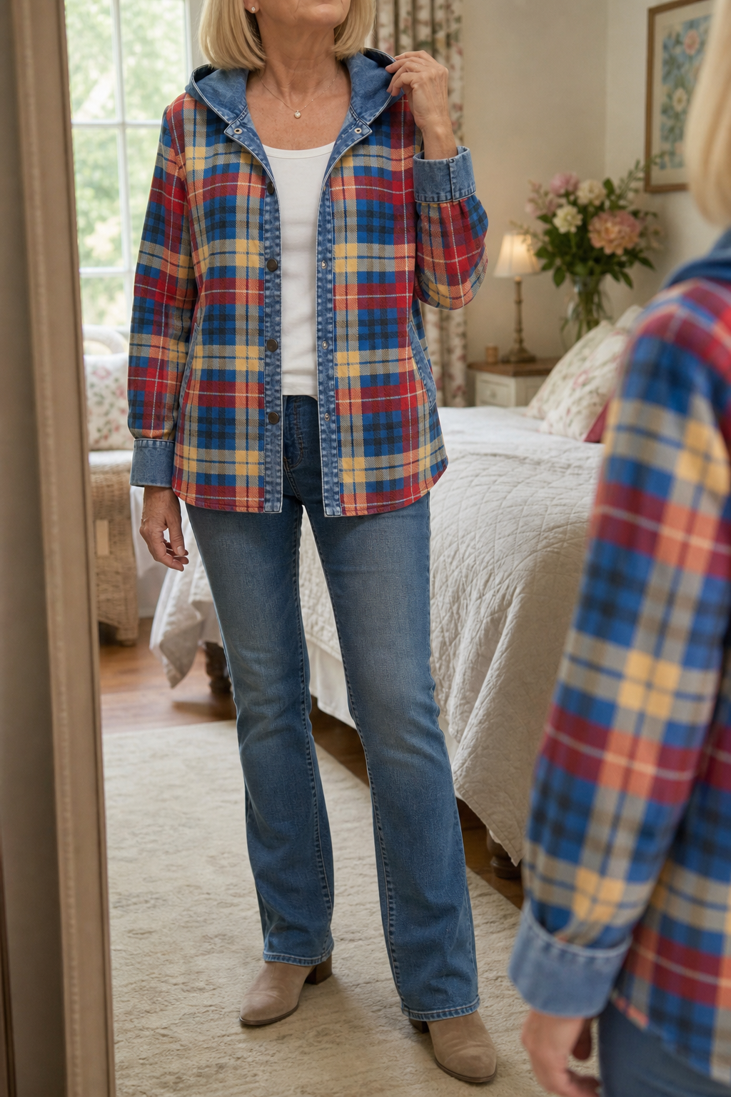 Denim-Trim Hooded Knit Cardigan