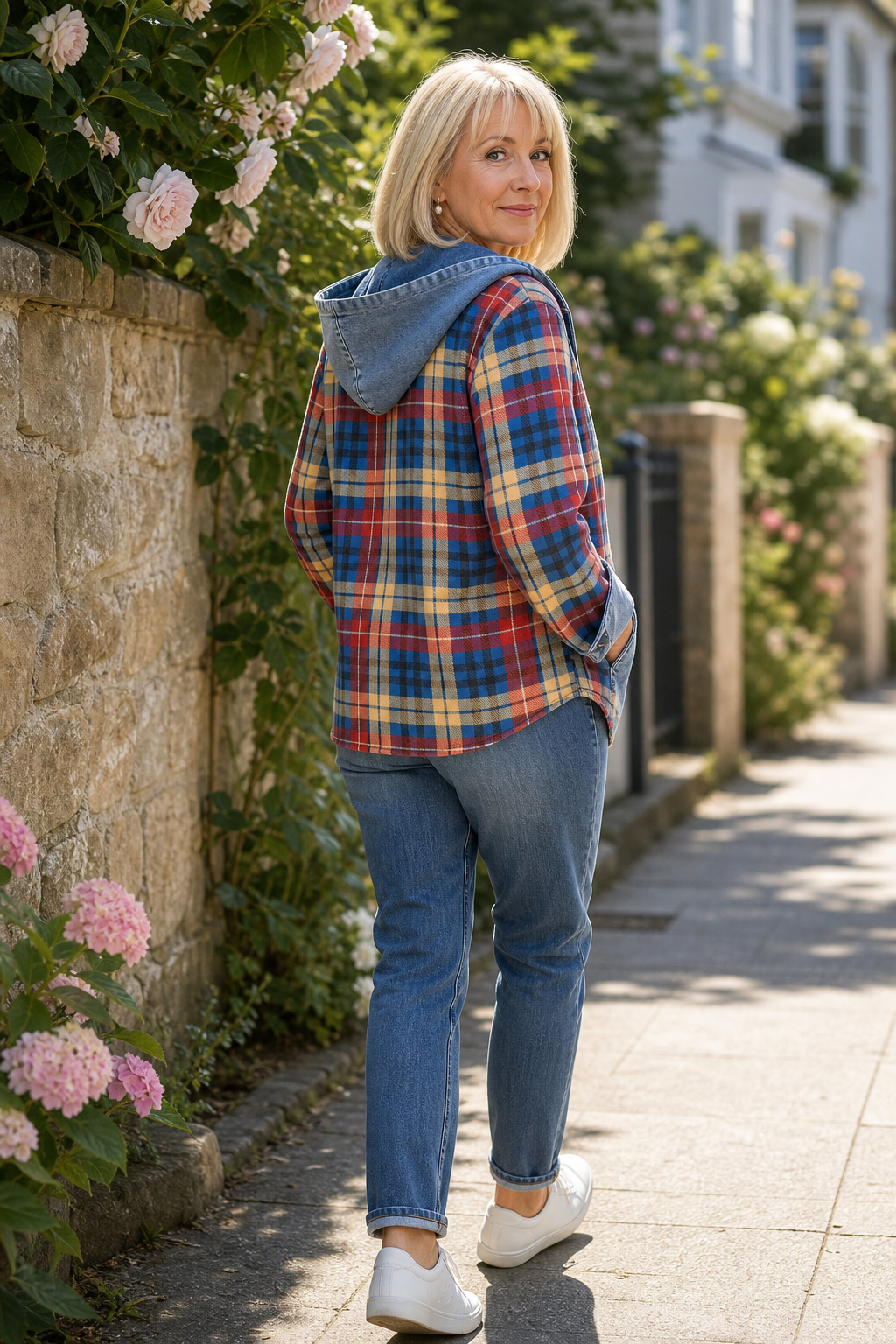 Denim-Trim Hooded Knit Cardigan