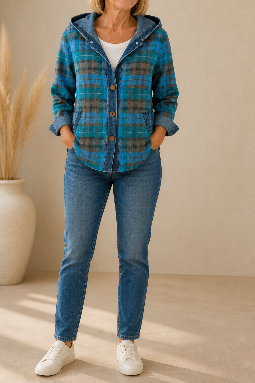 Denim-Trim Hooded Knit Cardigan