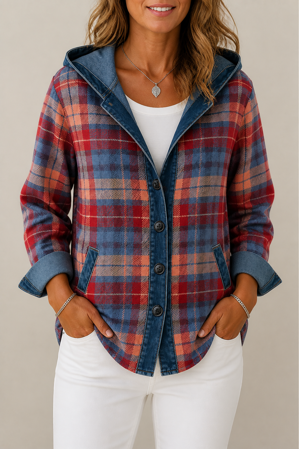 Denim-Trim Hooded Knit Cardigan