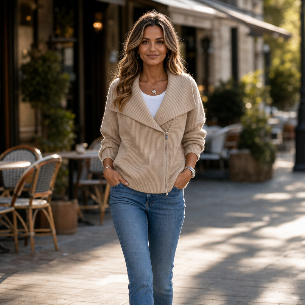 Diagonal Zip Oversized Collar Ribbed Knit Jacket